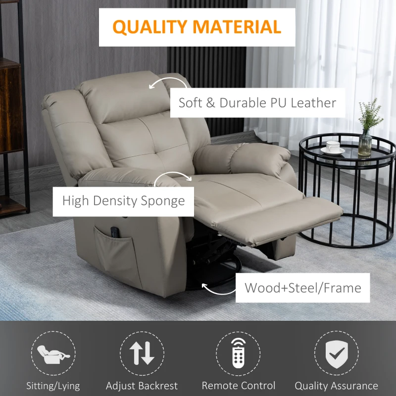 HOMCOM 8-Point Vibration Massage Recliner Chair, PU Leather Manual Reclining Sofa, Swivel Nursery Rocking Chair with Remote Control, Side Pockets, for Living Room, Grey