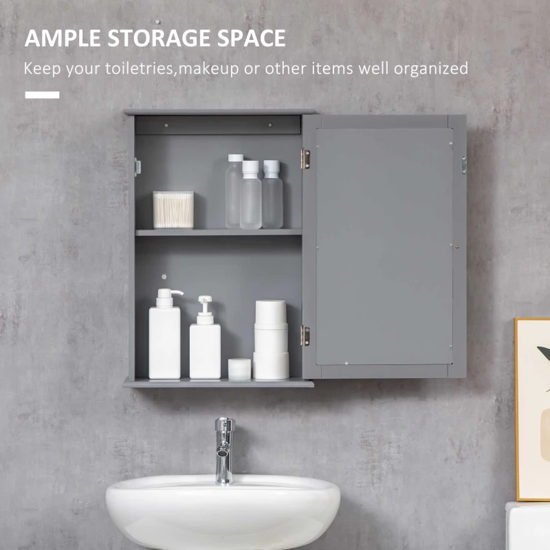 kleankin Bathroom Mirror Cabinet, Wall Mounted Medicine Cabinet with Door and Shelves, Grey