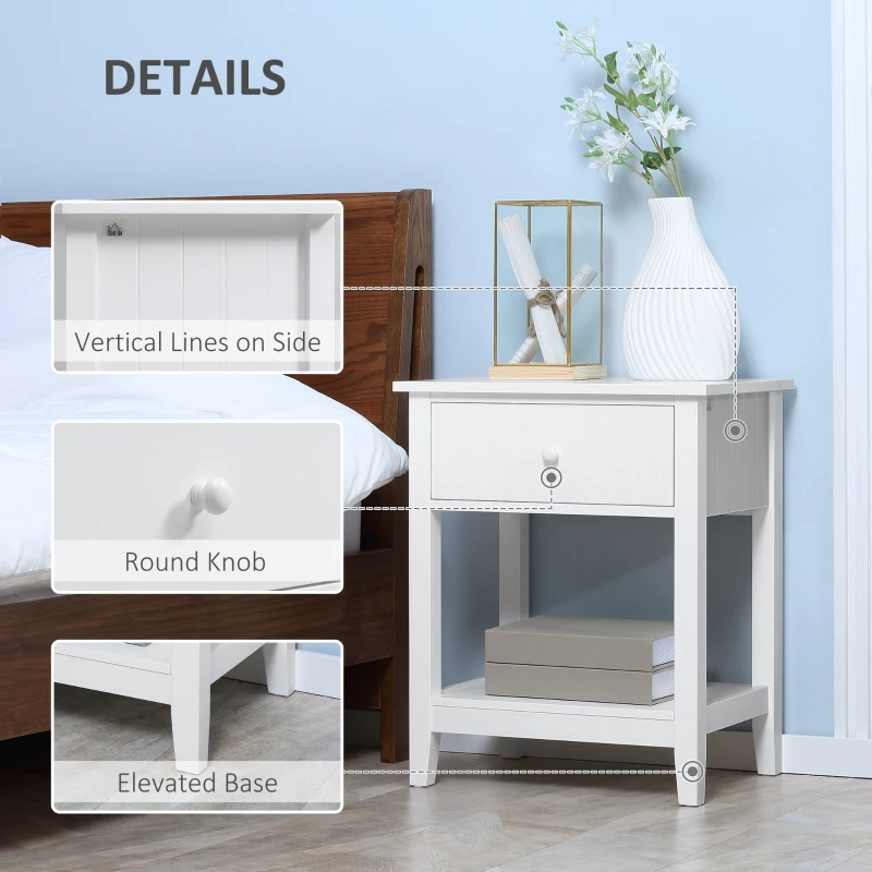 HOMCOM Modern Style Nightstand, Small End Table with Drawer and Storage Shelf for Bedroom, Living Room, White