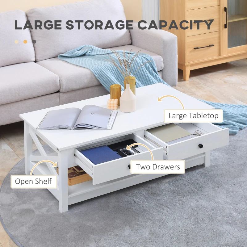 HOMCOM Coffee Table with Storage, Farmhouse Living Room Table with Drawers and Open Shelf, Centre Table with X-frames, White