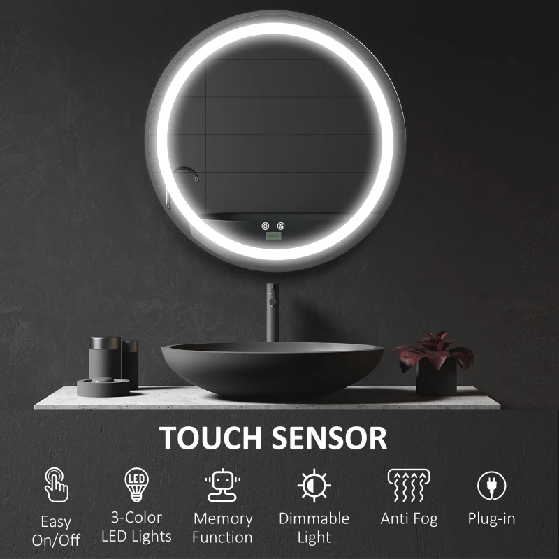 kleankin LED Bathroom Mirror for Vanity, Dimmable Lighted Anti Fog Wall Mirror with 3 Temperature Colors, Plug-in, 24 Inch