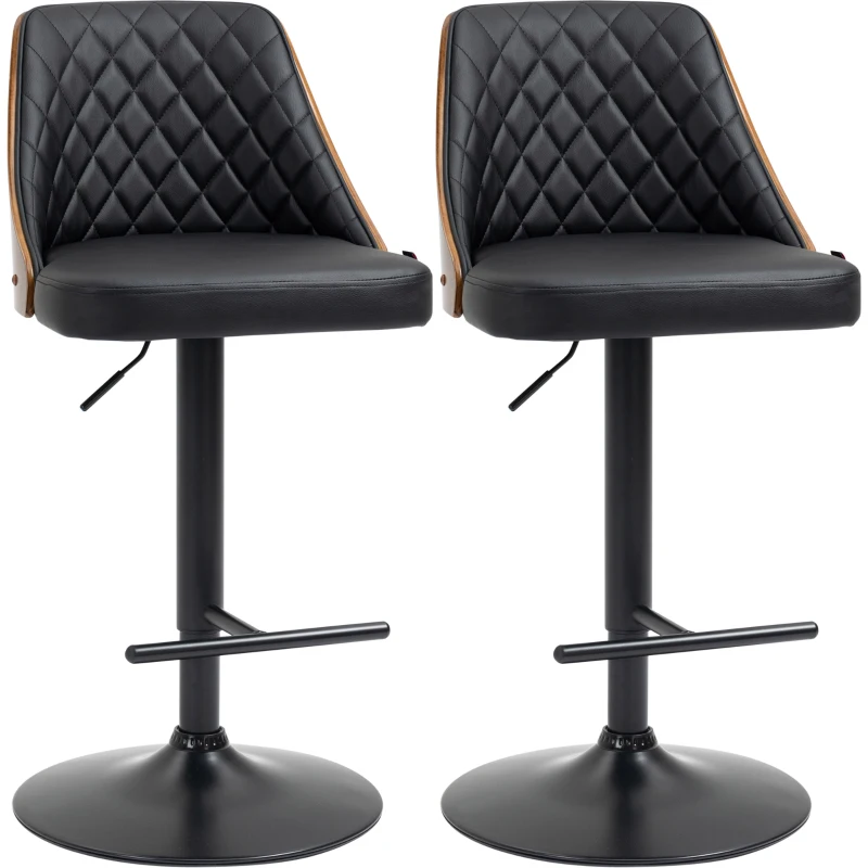 HOMCOM Adjustable Bar Stools Set of 2 Swivel Counter Height Barstools Chairs, PU Leather Solid Wood Back and Footrest, Black