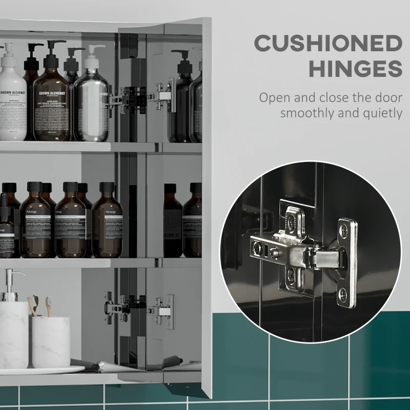 kleankin Wall Mounted Medicine Cabinet with Mirror Wall Mirror Cabinet with Hinged Doors 3-Tier Storage Shelves Silver