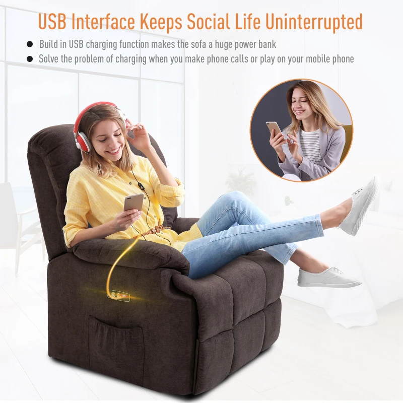 HOMCOM Electric Power Lift Recliner Chair Sofa for Elderly, for Gentle Lift Motor & USB Charger, Over Padded Plush Fabric Chair for Living Room, Brown