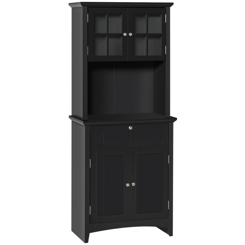 HOMCOM 64.6" Tall Kitchen Pantry Storage Cabinet with Microwave Stand, Freestanding Buffet Cabinet with Hutch, Glass Doors, Drawer and Adjustable Shelves, Black