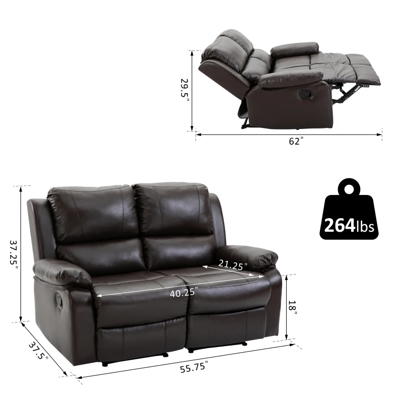 HOMCOM Double Reclining Loveseat Manual Reclining Sofa, PU Faux Leather Pullback Control with Footrest Sofa Set for Living Room, Brown