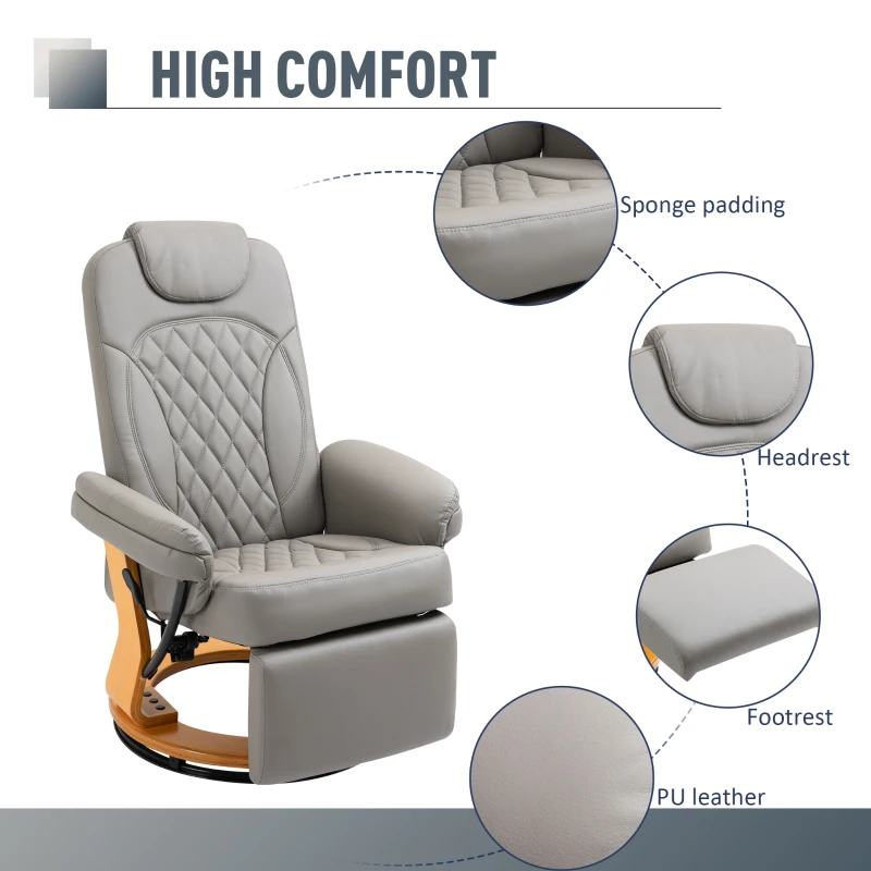 HOMCOM Manual Recliner Chair Faux Leather Upholstered Lounge Reading Armchair Sofa with Footrest, Headrest, Round Wood Base for Living Room, Bedroom, Office, Grey