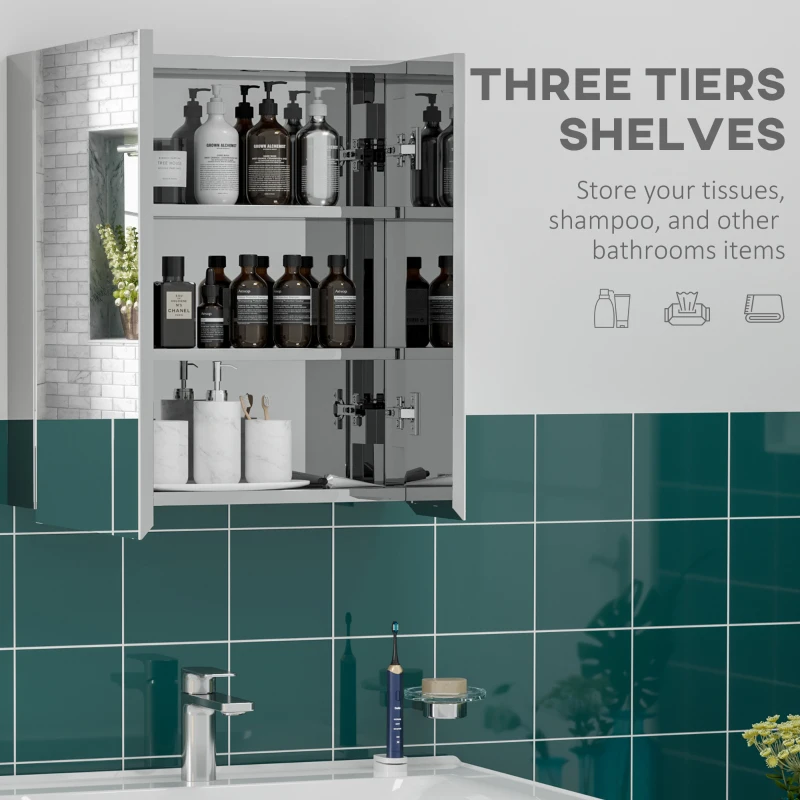 kleankin Wall Mounted Medicine Cabinet with Mirror Wall Mirror Cabinet with Hinged Doors 3-Tier Storage Shelves Silver