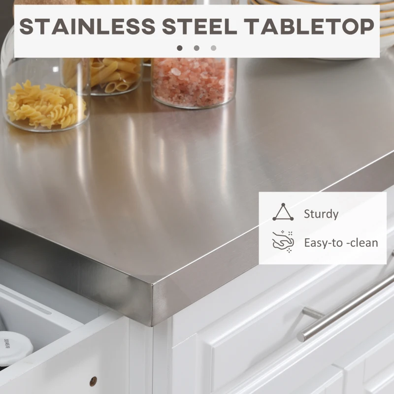 HOMCOM Rolling Kitchen Island on Wheels, Storage Cart with Stainless Steel Top, White