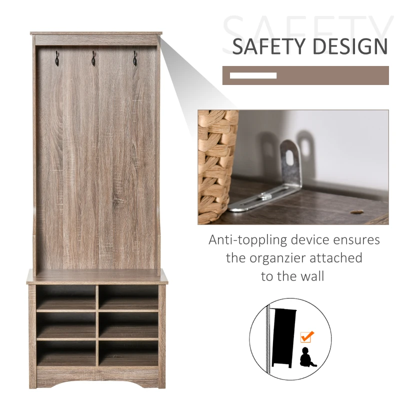 HOMCOM Coat Rack Wooden Hall Tree Storage Organizer Shoe Bench with Rack 3 Hooks for Hallway Foyer Bedroom Living Room Brown