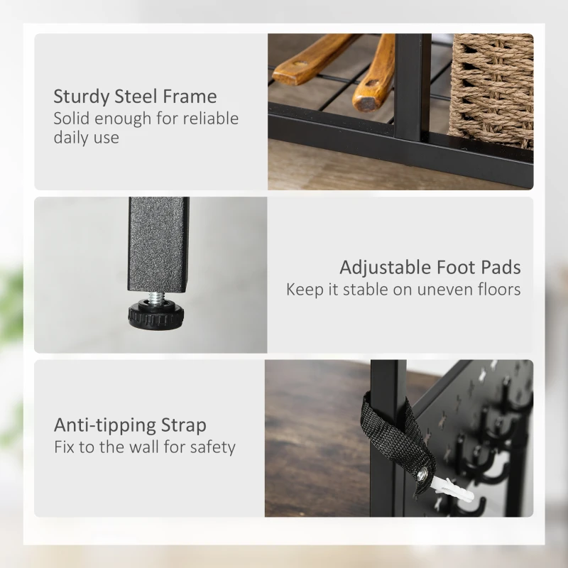 HOMCOM Industrial Kitchen Bakers Rack, Microwave Stand, Coffee Bar Station with Storage Shelves, Wire Basket, 5 Movable Hooks, Walnut