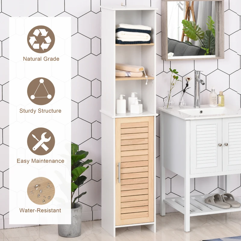 kleankin Tall Bathroom Storage Cabinet, Freestanding Linen Tower with 3-Tier Open Shelf and Cupboard, Narrow Side Floor Organizer, Wood Effect and White