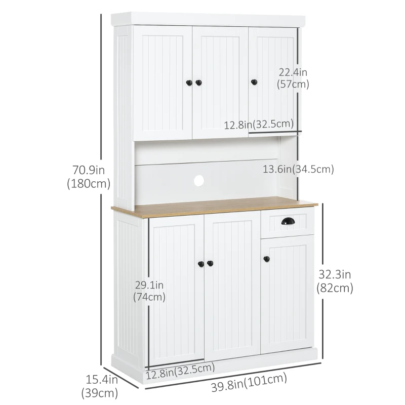 HOMCOM 71" Kitchen Pantry Buffet with Hutch Storage Cabinet Microwave Oven Stand with Drawer- White/Oak