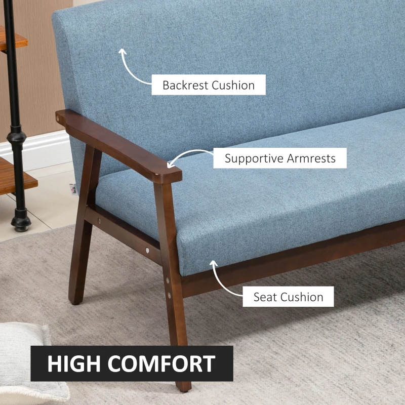 HOMCOM Compact Loveseat Sofa Couch Linen Fabric Double Seat Sofa with Rubber Wood Legs Blue