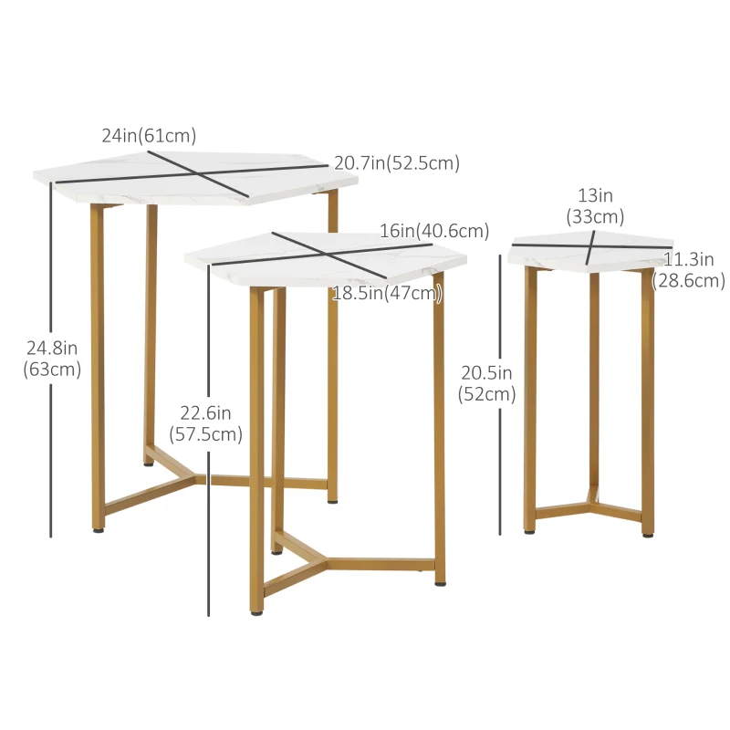 HOMCOM Nesting Tables Set of 3, Hexagon Side End Table with Marble Effect Top and Steel Legs for Living Room Bedroom, White and Gold