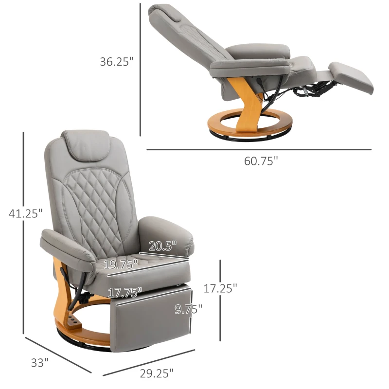 HOMCOM Manual Recliner Chair Faux Leather Upholstered Lounge Reading Armchair Sofa with Footrest, Headrest, Round Wood Base for Living Room, Bedroom, Office, Grey
