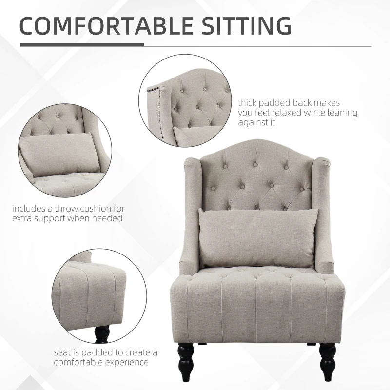 HOMCOM Tall Tufted Wingback Chair Nailhead Living Room Grey