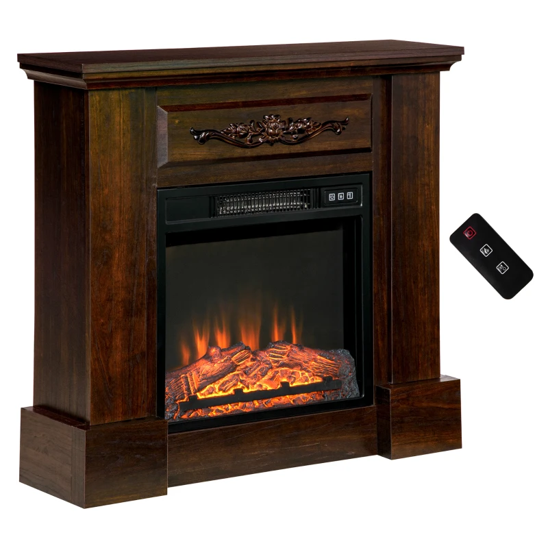 HOMCOM 32" Electric Fireplace with Mantel, Freestanding Heater with LED Log Flame, Overheat Protection and Remote Control, 1400W, Dark Brown