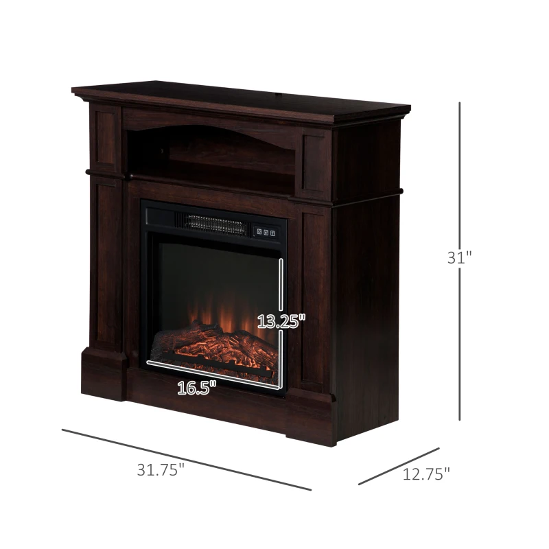 HOMCOM 32" Electric Fireplace with Mantel, Freestanding Heater with LED Log Flame, Shelf and Remote Control, 1400W, Dark Coffee