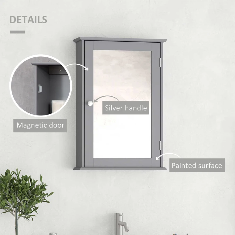 kleankin Bathroom Mirror Cabinet, Wall Mounted Medicine Cabinet with Door and Shelves, Grey
