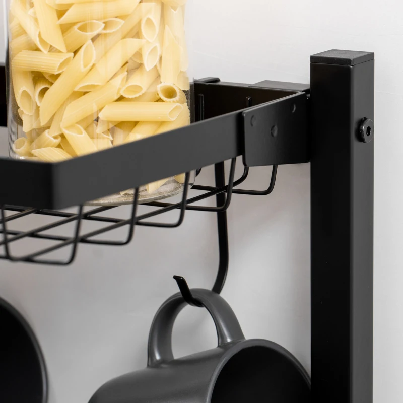 HOMCOM Industrial Kitchen Bakers Rack, Microwave Stand, Coffee Bar Station with Storage Shelves, Wire Basket, 5 Movable Hooks, Walnut