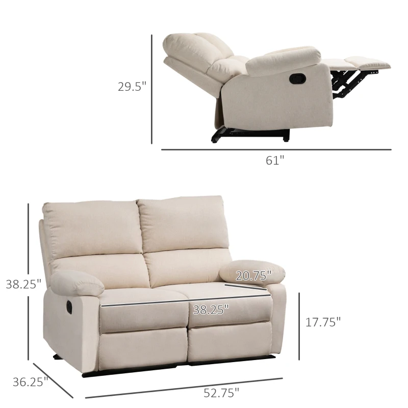 HOMCOM Double Reclining Loveseat, 2 Seater Manual Recliner Chair, Upholstered Reclining Sofa Chair with Footrest and Split Backrest, Beige