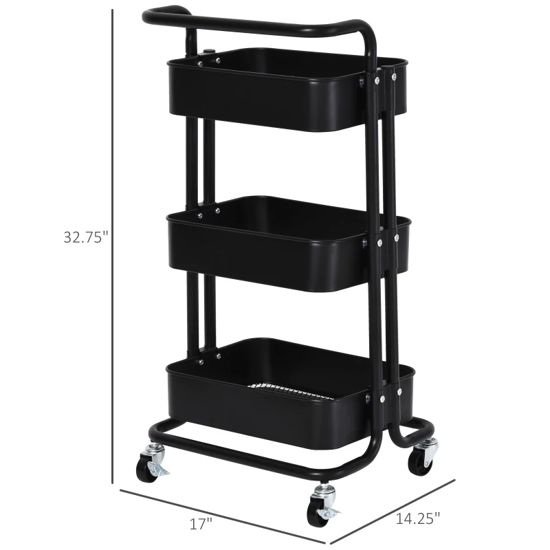 HOMCOM 3-Tier Rolling Serving Cart Utility Kitchen Trolley Storage Cart Multifunction Organizer Shelving Units with Wheels, Black