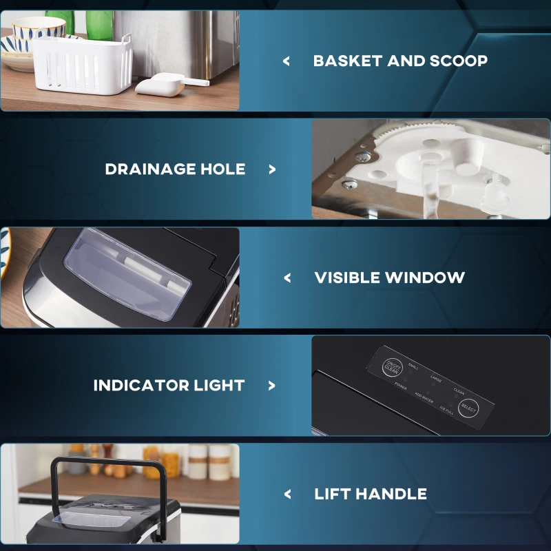 HOMCOM Portable Ice Makers Countertop, Self Cleaning Ice Machine with Ice Scoop and Basket, 9 Ice Cubes Ready in 6 Mins, 26lbs/24Hrs, 2 Sizes of Bullet Ice for Home Office, Black