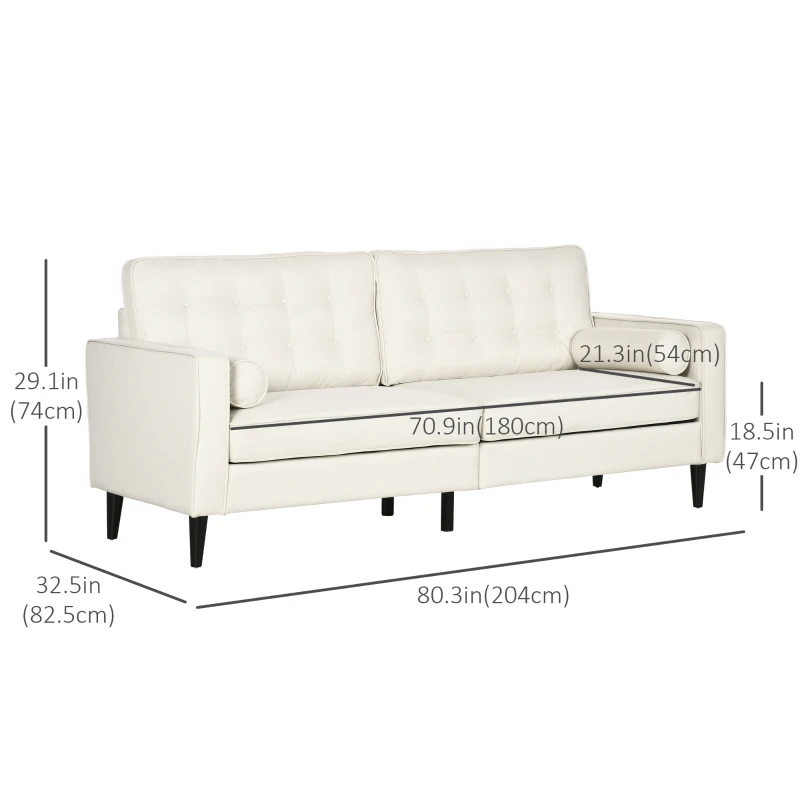 HOMCOM Mid-Century Sofa, Couch with Button-Tufted Back Cushion, Velvet Feel Fabric Upholstery, 2 Cylindrical Pillows and Rubber Wood Legs for Living Room, Cream White
