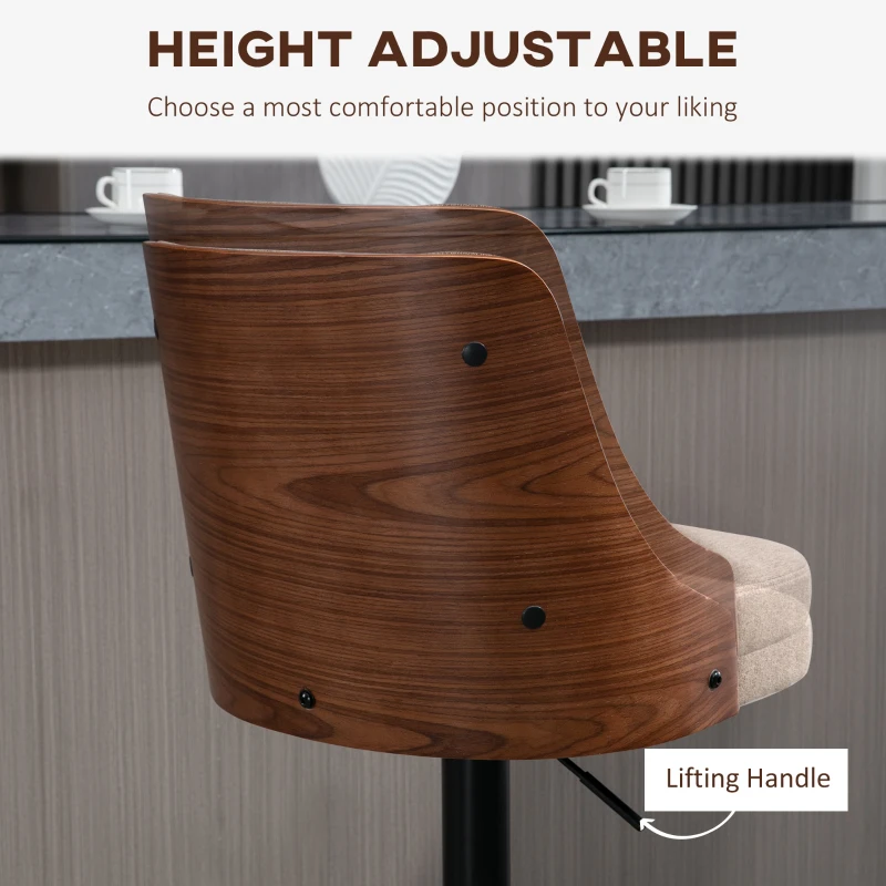 HOMCOM Counter Height Bar Stools Set of 2 with Solid Wood Back, Height Adjustable Swivel Barstools, Button Tufted Linen Fabric Bar Chairs with Footrest, Beige