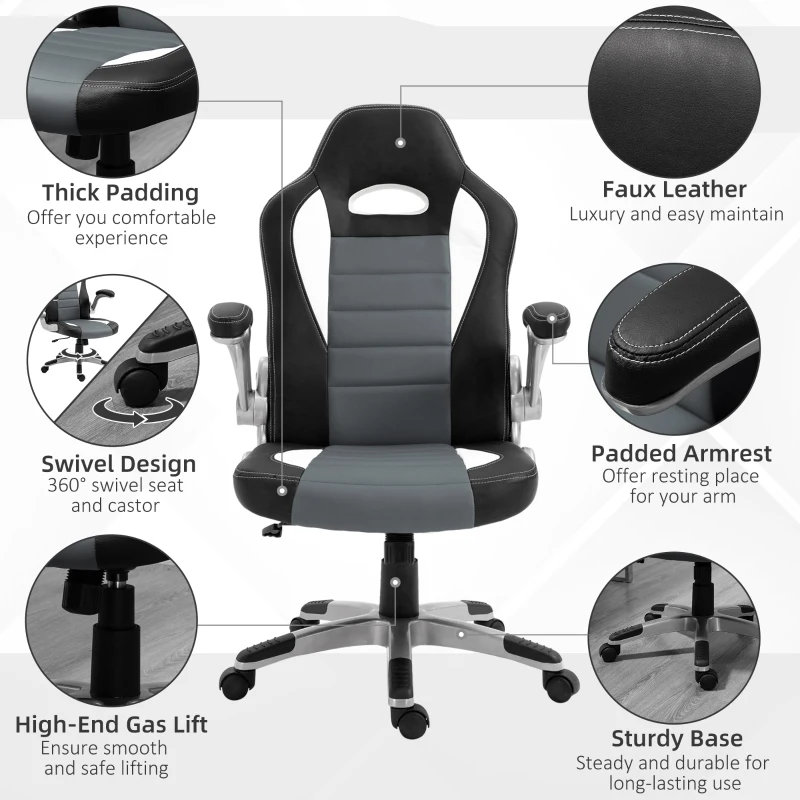 HOMCOM Racing Gaming Chair PU Leather Office Chair Executive Computer Desk Chair with Adjustable Height, Flip Up Armrest, Swivel Wheels, Grey