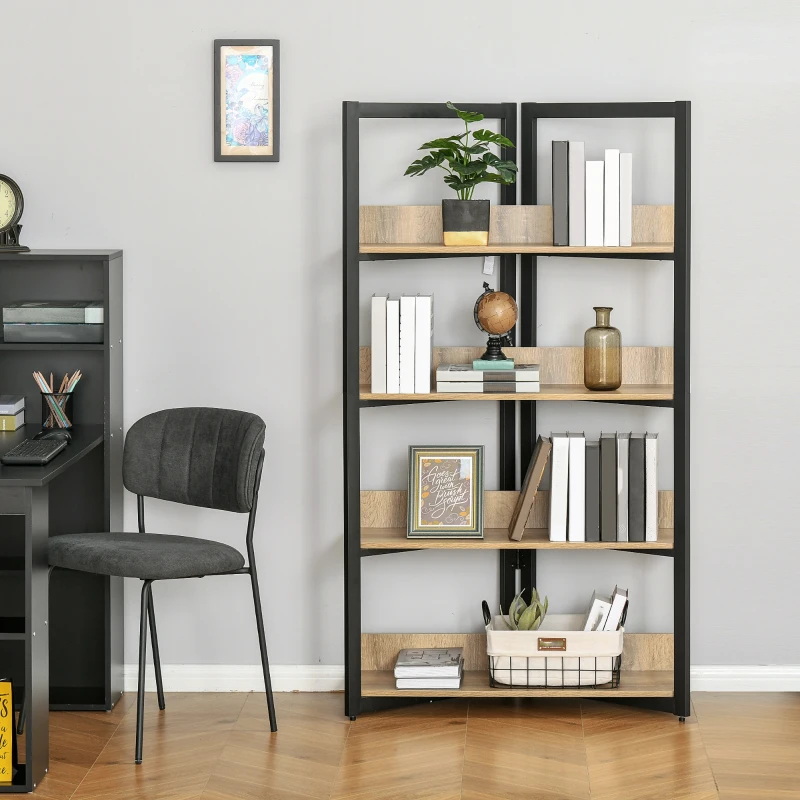 HOMCOM 4-Tier Freestanding Bookcase Bookshelf, Metal Frame Wooden Storage Organizer Shelf with Anti-toppling Design for Home Office, Oak & Black