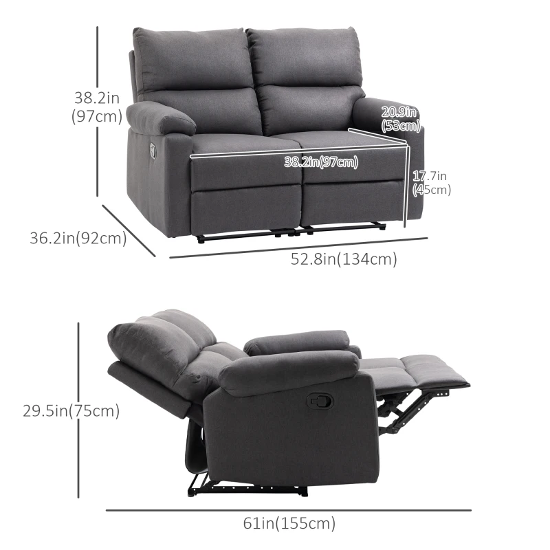 HOMCOM Loveseat Recliner Sofa, 2 Seater Reclining Chair with Footrest and Split Backrest, Dark Grey
