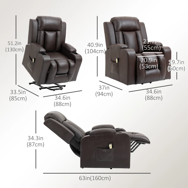 HOMCOM PU Leather Electric Power Lift Chair for Elderly Recliner Sofa with Cup Holders and Footrest (Brown)