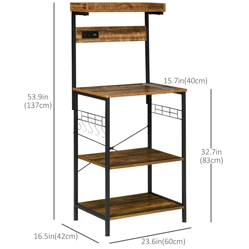 HOMCOM Kitchen Baker's Rack with Power Outlet, USB Ports, Coffee Bar Station with Adjustable Shelves, Rustic Brown