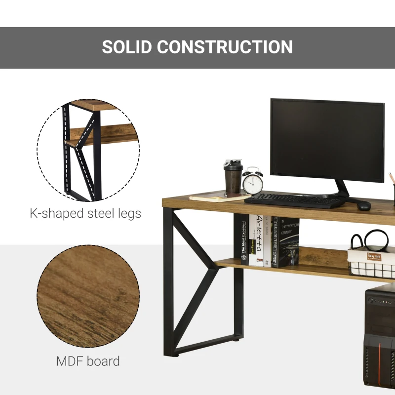 HOMCOM 55”  Computer Writing Desk, Corner Workstation, Laptop Table with K-Shaped Steel Leg and Storage Shelf, Brown and Black