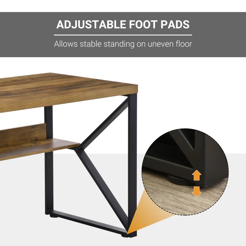 HOMCOM 55”  Computer Writing Desk, Corner Workstation, Laptop Table with K-Shaped Steel Leg and Storage Shelf, Brown and Black