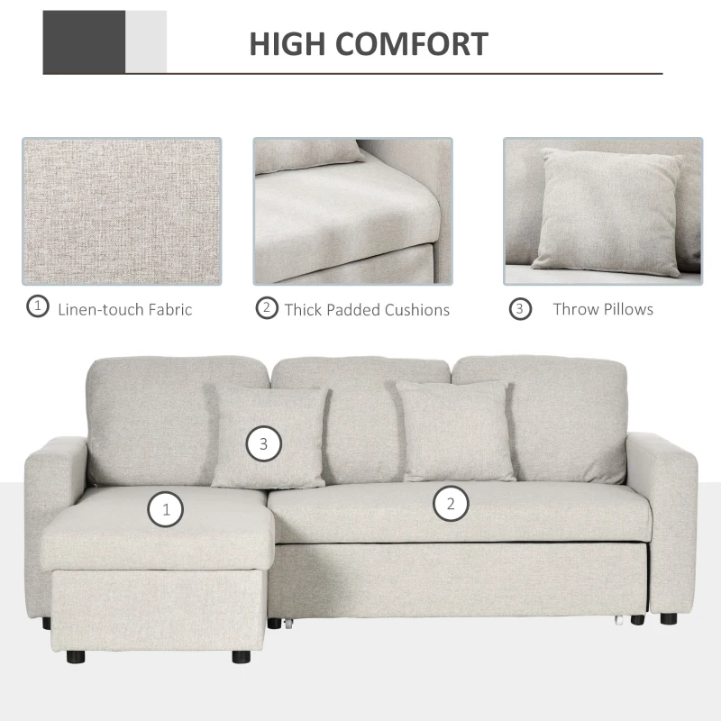 HOMCOM Sectional Sofa Bed, L-Shaped Loveseat Reversible Sleeper Sofa with Pull Out Couch Bed, Storage Chaise, Cushions, Linen Feel Fabric Futon Sofa Bed for Living Room, Cream White 89.75"