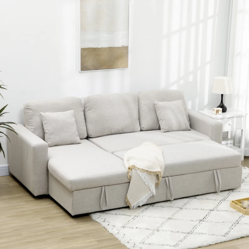 HOMCOM Sectional Sofa Bed, L-Shaped Loveseat Reversible Sleeper Sofa with Pull Out Couch Bed, Storage Chaise, Cushions, Linen Feel Fabric Futon Sofa Bed for Living Room, Cream White 89.75"