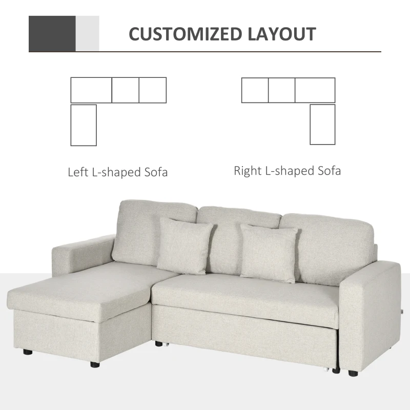 HOMCOM Sectional Sofa Bed, L-Shaped Loveseat Reversible Sleeper Sofa with Pull Out Couch Bed, Storage Chaise, Cushions, Linen Feel Fabric Futon Sofa Bed for Living Room, Cream White 89.75"