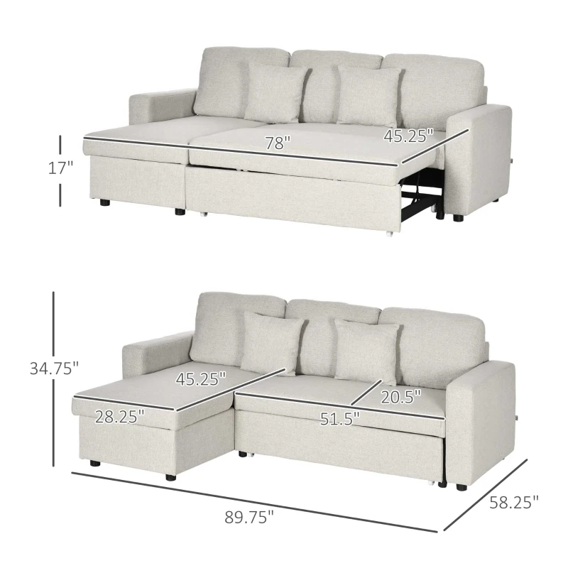 HOMCOM Sectional Sofa Bed, L-Shaped Loveseat Reversible Sleeper Sofa with Pull Out Couch Bed, Storage Chaise, Cushions, Linen Feel Fabric Futon Sofa Bed for Living Room, Cream White 89.75"