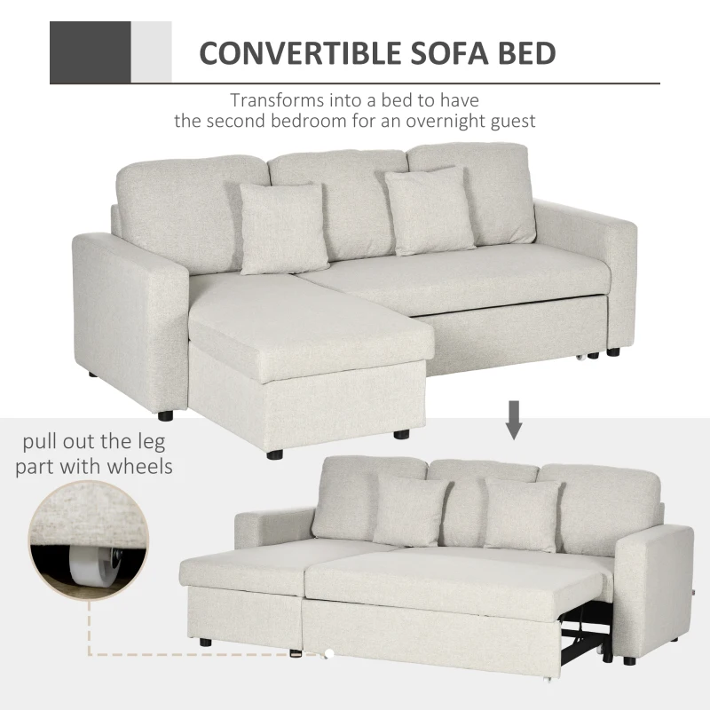 HOMCOM Sectional Sofa Bed, L-Shaped Loveseat Reversible Sleeper Sofa with Pull Out Couch Bed, Storage Chaise, Cushions, Linen Feel Fabric Futon Sofa Bed for Living Room, Cream White 89.75"