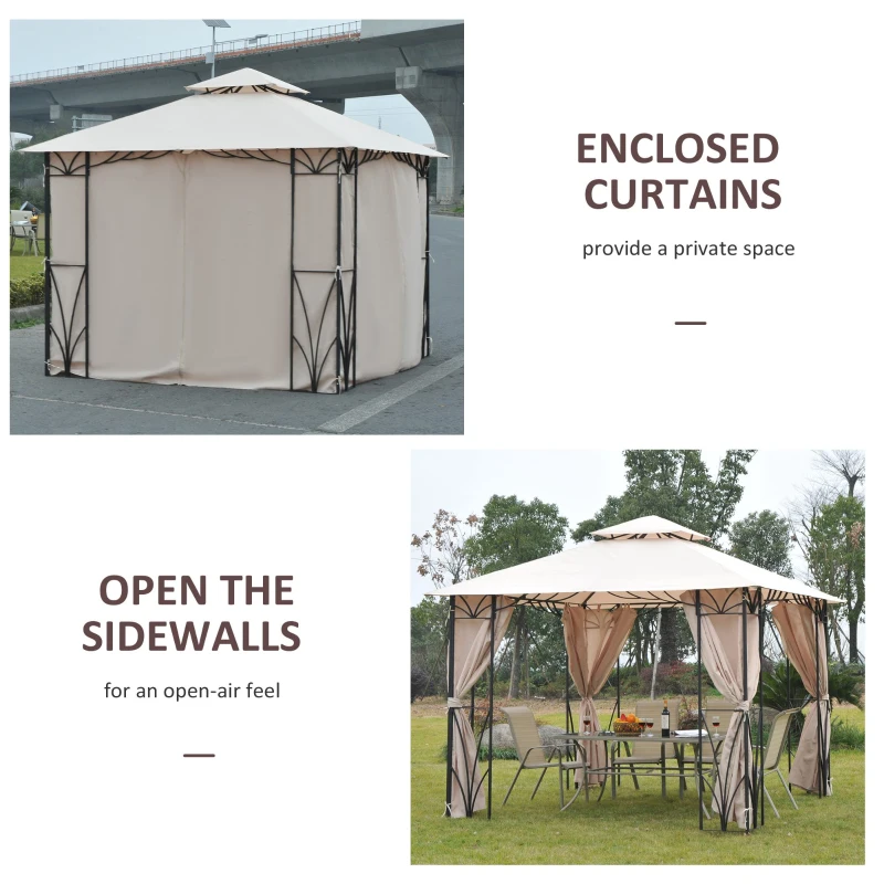 Outsunny 10’x10’ Gazebo Canopy Garden Shade Outdoor Waterproof Patio Awning Proof with Metal Frame and Curtains