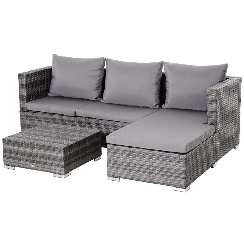 Outsunny 3 Pieces Adjustable Seat Rattan Wicker Sofa Steel Frame Furniture Set Sleeping Couch Bed Lounge w/ Storage Function Coffee Table, Grey