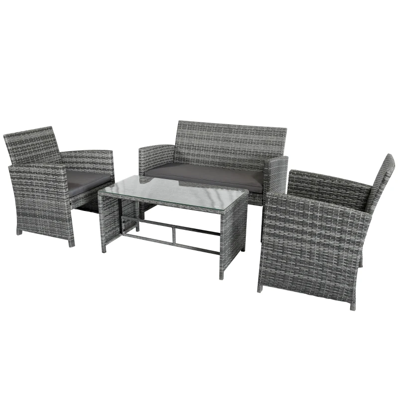 Outsunny 4 Piece Patio Furniture Set with Cushions, Outdoor PE Rattan Wicker Conversation Sofa Set with Glass Top Coffee Table and Loveseat, for Garden, Balcony, Dark Grey