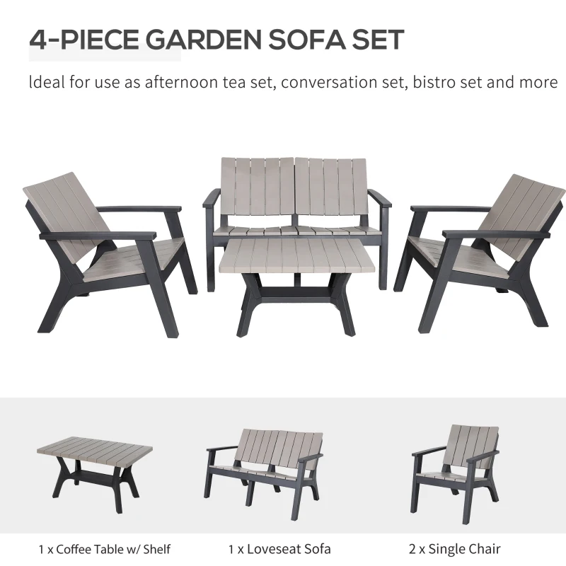 Outsunny 4 Piece Garden Furniture Set Patio Conversation Set 2-Seater Sofa 2 Single Chair Coffee Table with Storage Shelf for Lawn Backyard Poolside
