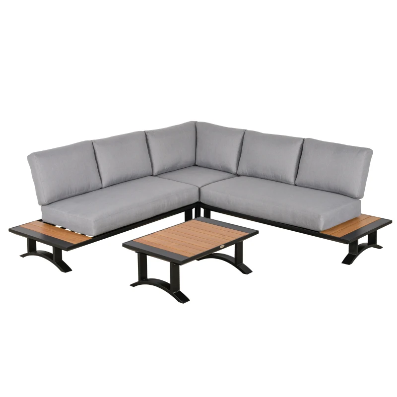 Outsunny 4 Piece Patio Conversation Set Include 2 Loveseat 1 Corner Sofa 1 Coffee Table Cushion Pillow Aluminum Framed Sectional Garden Furniture for Garden Backyard Poolside