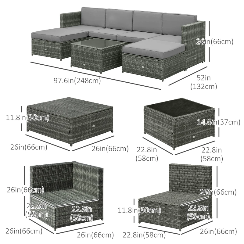 Outsunny 7pcs Wicker Rattan Sectional Set Outdoor Patio Sofa Table Footstools Set Garden Furniture with Cushions, Grey