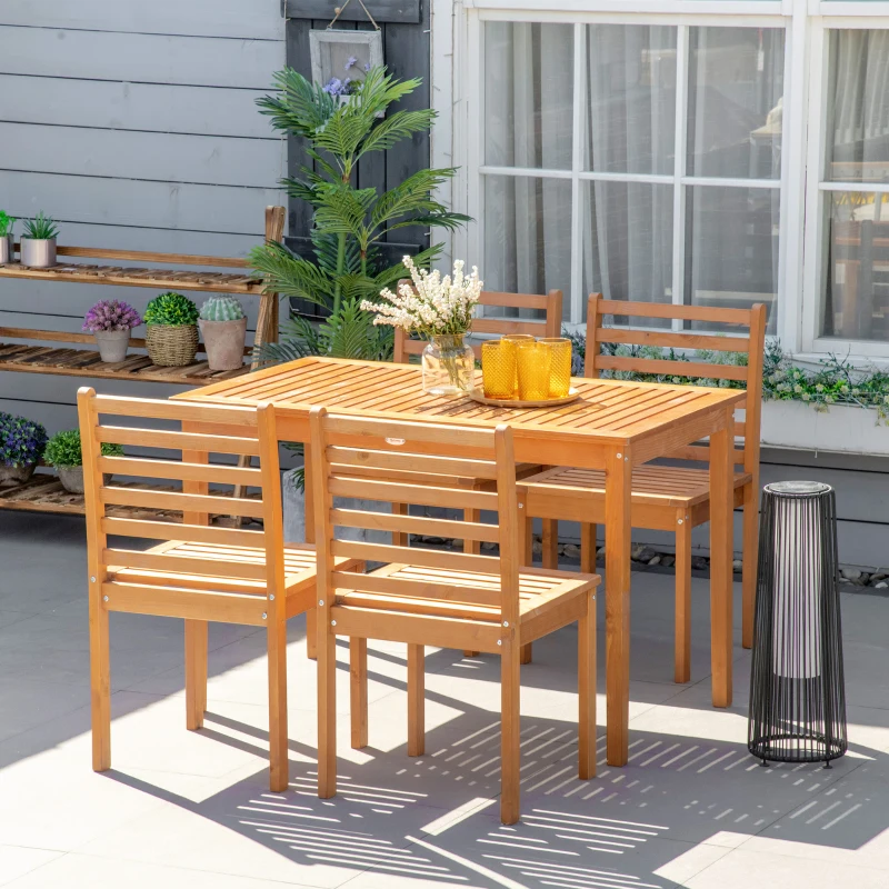 Outsunny 5 Pieces Patio Dining Set for 4, Wooden Outdoor Table and Chairs with Slatted Design for Garden, Patio, Backyard, Orange