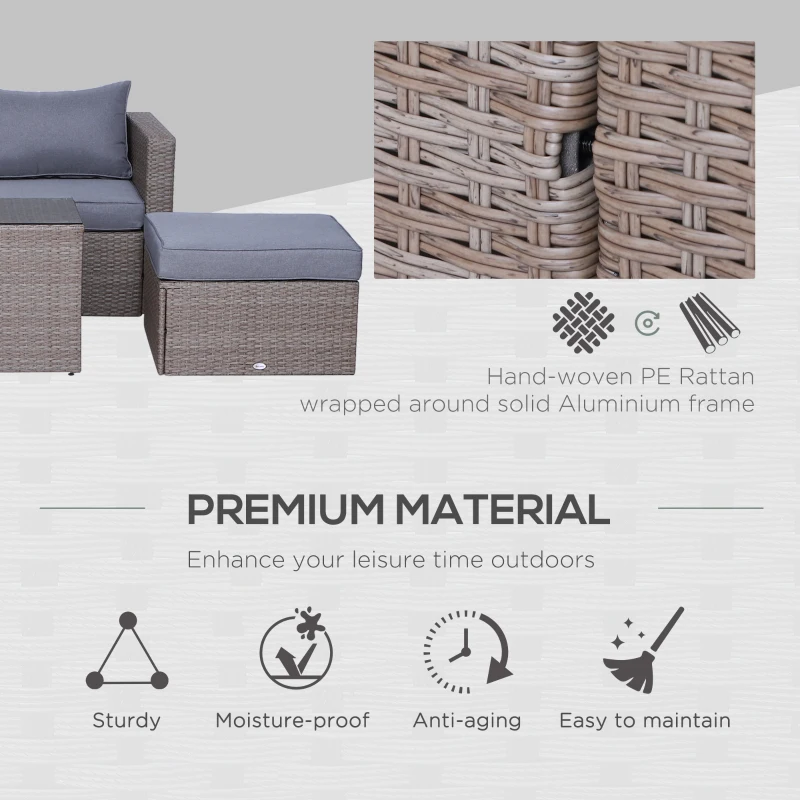 Outsunny 5 Piece Rattan Wicker Outdoor Patio Conversation Set 2 Cushioned Single Sofa Chair Foot Stool Glass End Desk Coffee Table Black